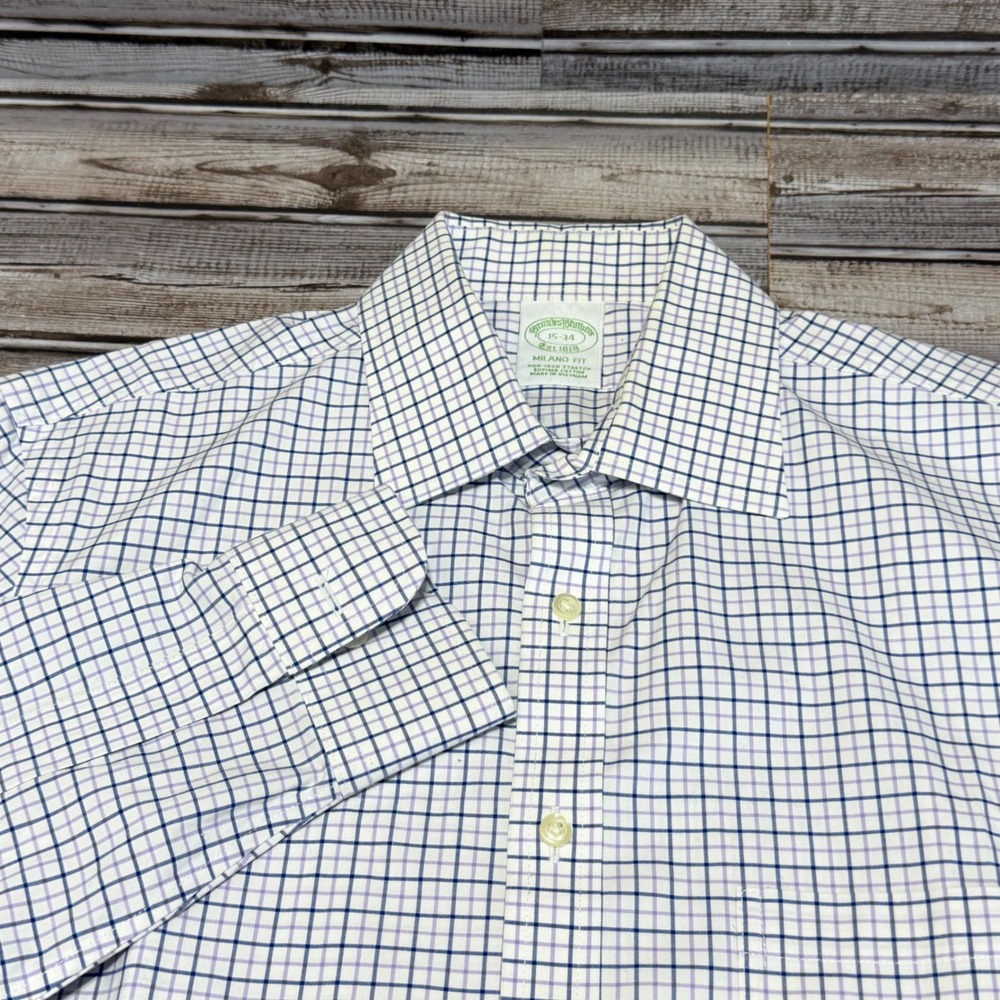 Brooks Brothers Dress Shirt Mens 15-34 White Purple Check Milano Fit Non-Iron